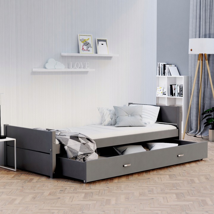 AJKmeble TYMON – sivá posteľ s matracom a zásuvkou, menovitý rozmer 90 × 200 cm