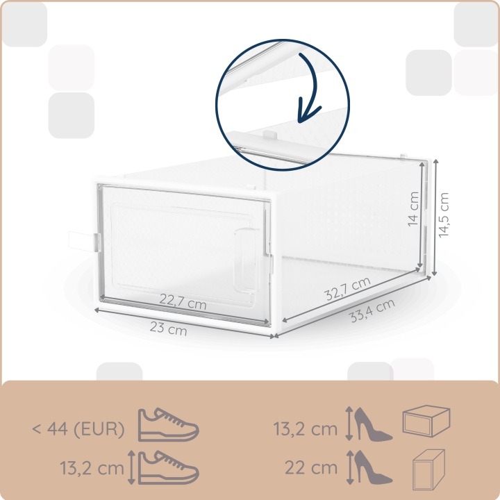 Sada 6 skladacích boxov 4CONVY PNB_10B na topánky, 33,4 × 23 × 14 cm. Skladacie boxy na topánky umožnia rozdeliť obuv do samostatných priehľadných priestorov. Predné dvierka poskytujú prístup k vybranému páru aj v zostave, takže nemusíte najskôr odkladať