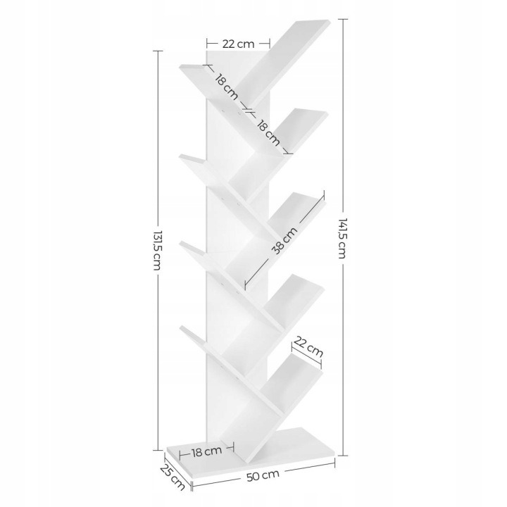 Biely regál Songmics LBC11WTV1 v tvare stromu, osem políc vytvorí otvorené miesto pre knihy A4 a A5. Meria 50 × 141,5 × 25 cm, každá polica má uvedenú nosnosť 10 kg a balenie obsahuje očíslované diely s obrázkovým návodom. Pri montáži použite úchyty proti