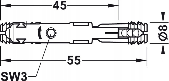 Rozperné spojky Häfele Ixconnect SC 8/60, kód 262.11.117, spájajú nábytkové dosky od hrúbky 15 mm. Ponuka obsahuje 50 kusov. Jednodielnu spojku osadíte do 8 mm otvoru a uzavriete otočením šesťhranu SW3 o 180°; spoj možno opäť rozobrať.