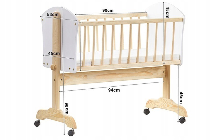 Detská kolíska Baby-Raj 90 × 40 cm s matracom. Kolíska Baby-Raj ponúka hojdanie aj pevné nastavenie pomocou blokovacieho mechanizmu. Kolieska možno zablokovať; v ponuke je aj matrac.