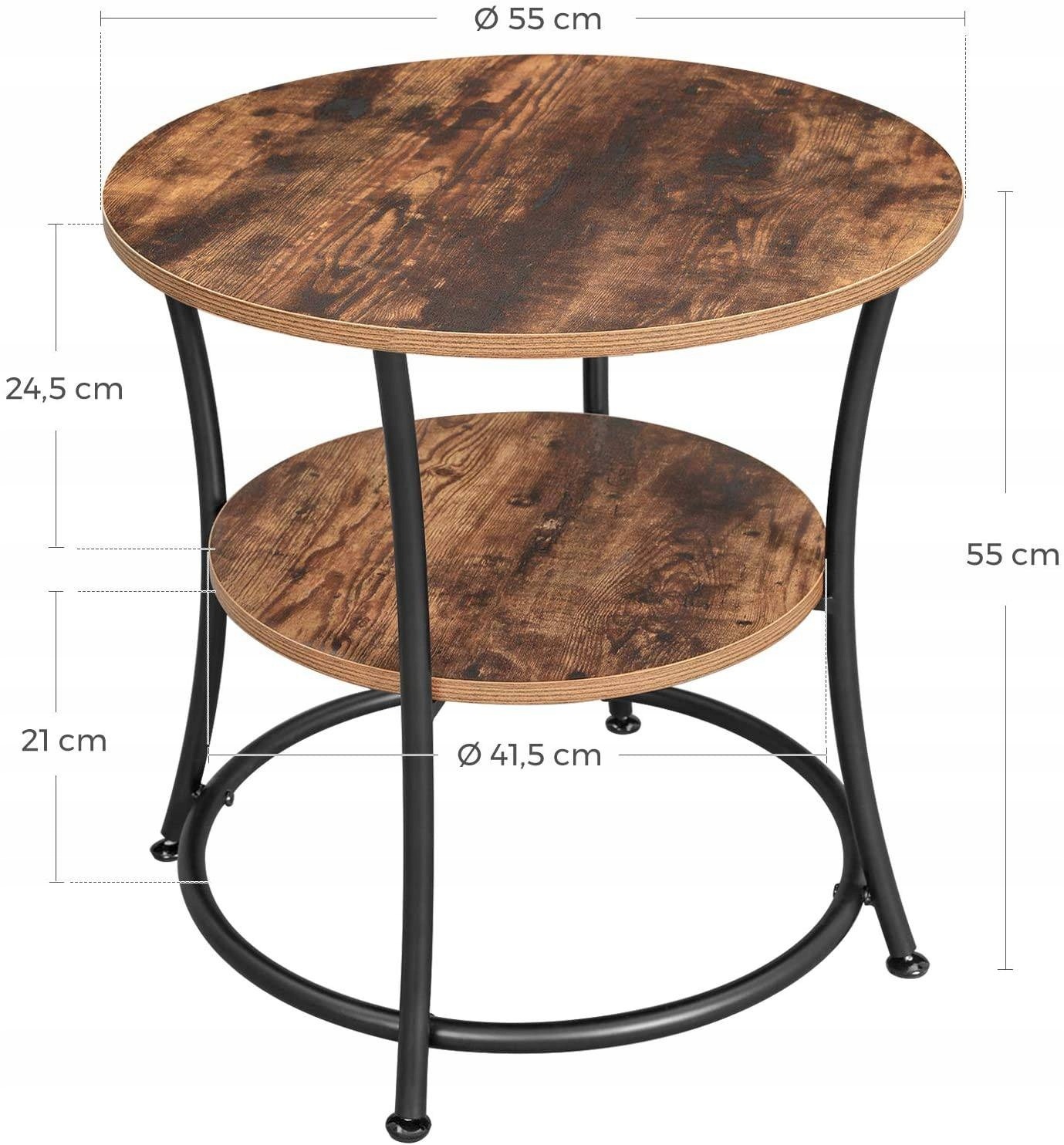 Songmics VASAGLE LET56BX okrúhly stolík s policou 55 cm. Okrúhly stolík Songmics VASAGLE ponúka hornú dosku a nižšiu policu na veci, ktoré chcete mať poruke. Čierny kovový rám dopĺňa hnedý dekor dosiek. Priemer 55 cm a rovnaká výška umožňujú umiestnenie v