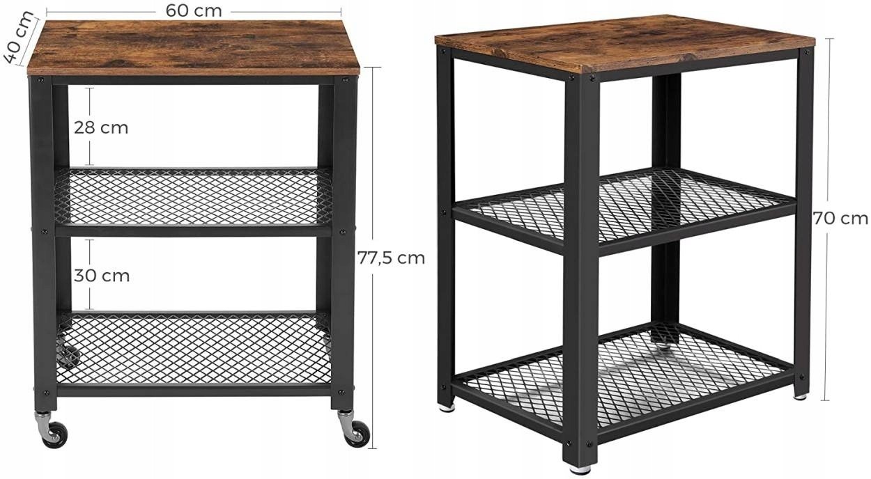 Songmics VASAGLE LRC78X mobilný stolík na kolieskach 60 × 40 cm. Mobilný stolík Songmics VASAGLE poslúži pri príprave aj prenášaní vecí v domácnosti. Má hornú dosku a spodnú odkladaciu úroveň, kovový rám a kolieska. Hnedý dekor dosiek dopĺňa čierna konštr