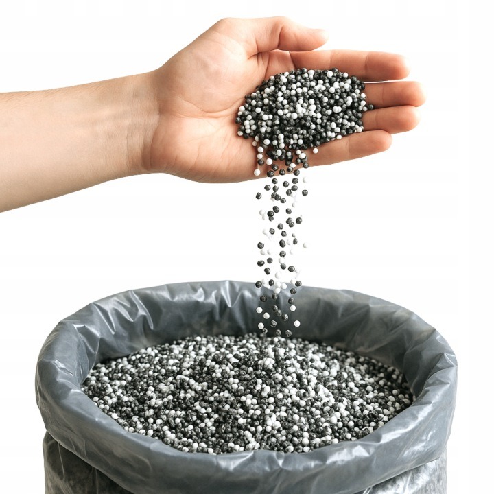 Syma 00719 je 500 l recyklovaného EPS regranulátu v bielo-čiernej zmesi. Tvoria ju guľôčky a drobné kúsky s uvádzanou veľkosťou približne 2–4 mm. Hodí sa na doplnenie sedacích vakov a pufov; balenie má deklarovanú hmotnosť 8 kg.