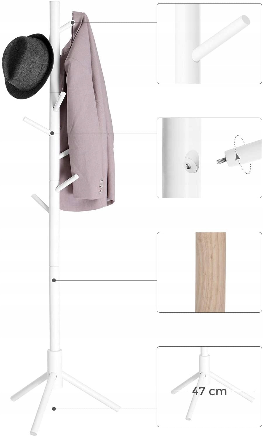 Songmics RCR04WT biely drevený vešiak 175 cm. Vešiak Songmics RCR04WT z kaučukového dreva má osem zaoblených háčikov. Trojnohá základňa zaberá pôdorys približne 47 × 47 cm a vešiak je vysoký 175 cm.