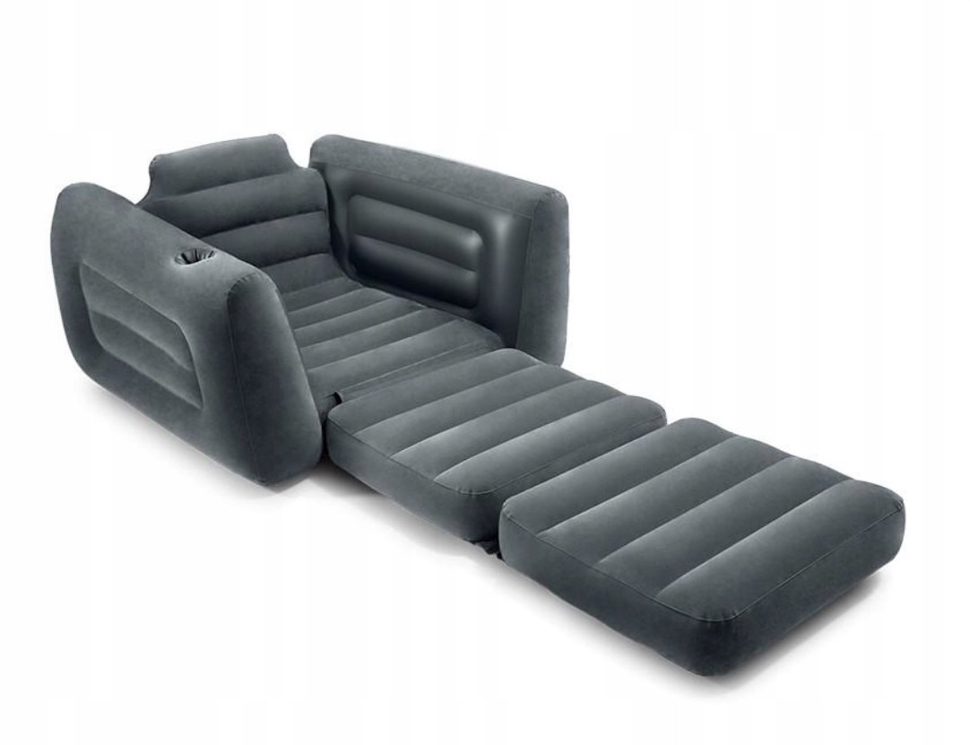 Rozkladacie nafukovacie kreslo Intex 66551 s lôžkom. Intex 66551 Pull-Out Chair je nafukovacie kreslo, ktoré možno rozložiť na lôžko. Má povrch s velúrovou úpravou a držiak na nápoj.