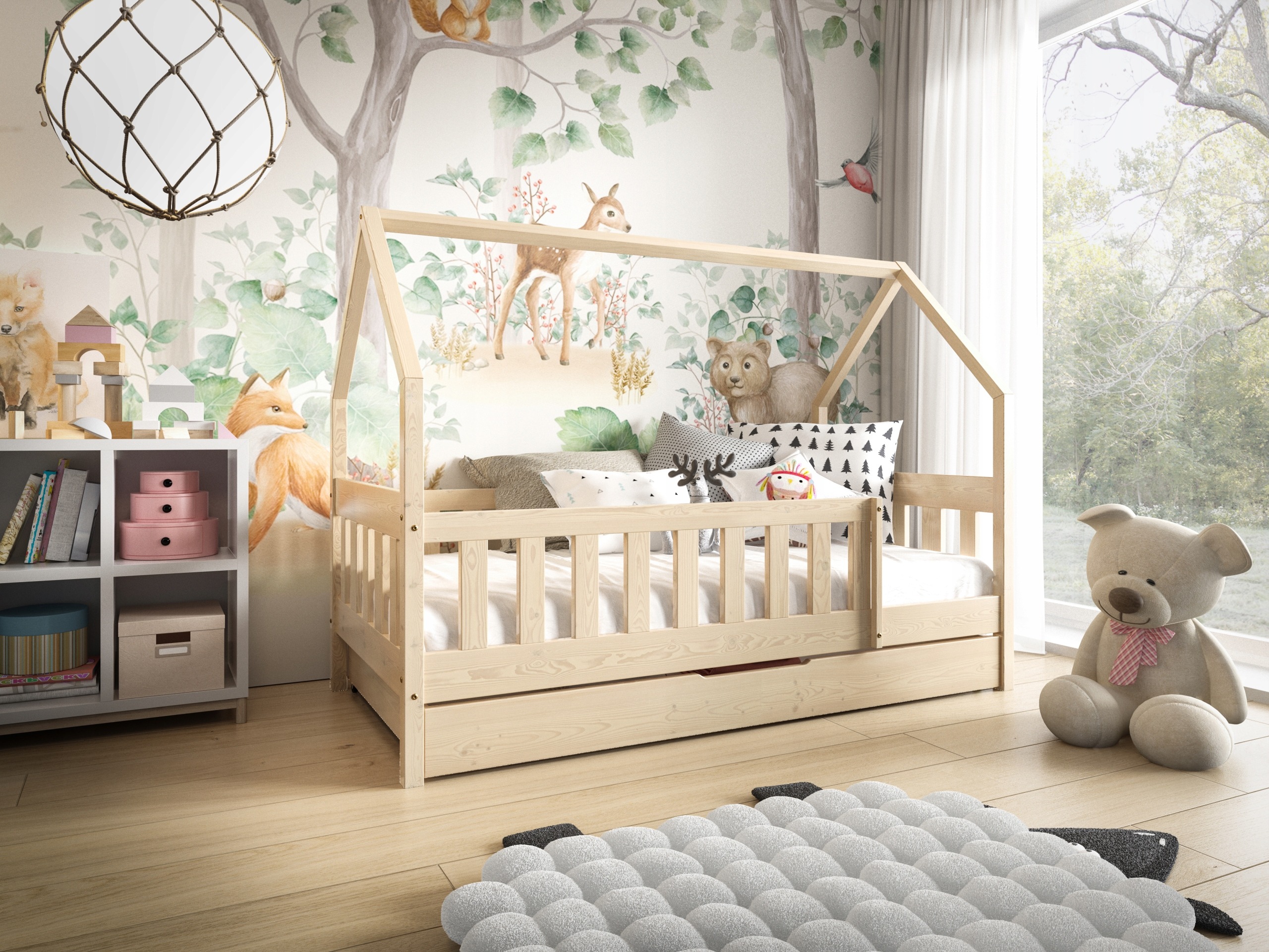 Biela detská domčeková posteľ Mtj-meble LUNA 80 × 160 cm s matracom. Mtj-meble LUNA je biela detská posteľ v tvare domčeka z borovicového dreva. Súčasťou zostavy je penový matrac, rošt, ochranné zábrany a výsuvná zásuvka.
