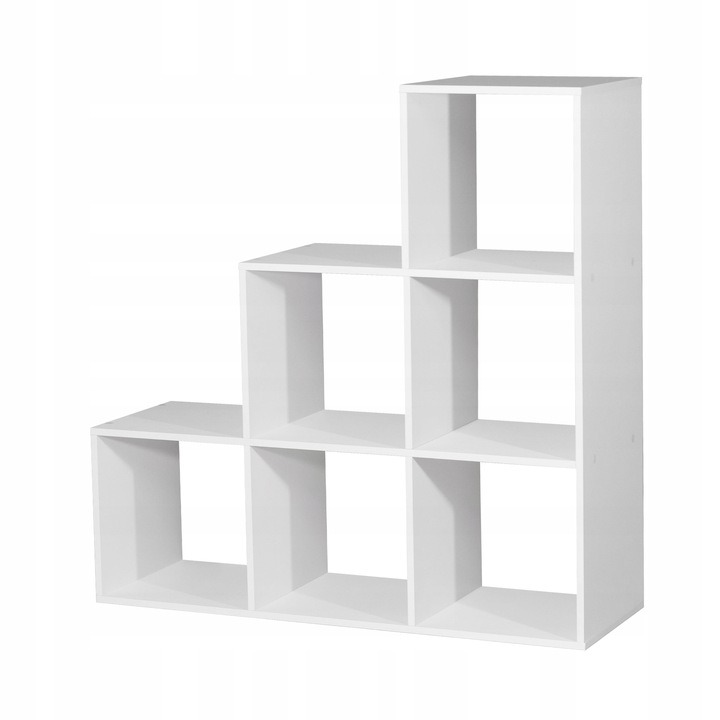 Biely regál Product Placement 96992 z MDF, 90,5 × 29,5 × 90,5 cm. Podlahový regál vytvorí miesto na uloženie a vystavenie domácich doplnkov v obývačke, predsieni alebo pracovnom kúte. Šírka aj výška 90,5 cm umožňujú naplánovať výraznejší úložný prvok pri
