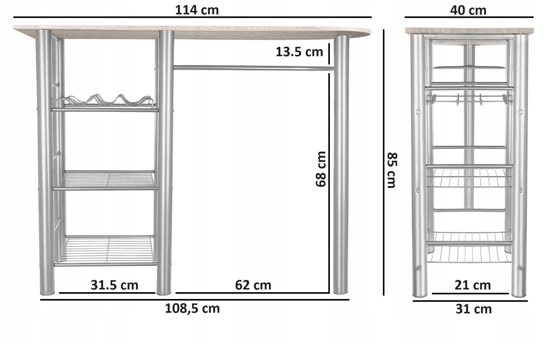 DGL Meble ostrov dub sonoma a sivá 114 × 40 × 85 cm. Kuchynský ostrov DGL Meble spája dosku z MDF v dekore dub sonoma so sivou kovovou konštrukciou. Bočnú policu možno podľa predajcu namontovať v zvolenej výške.