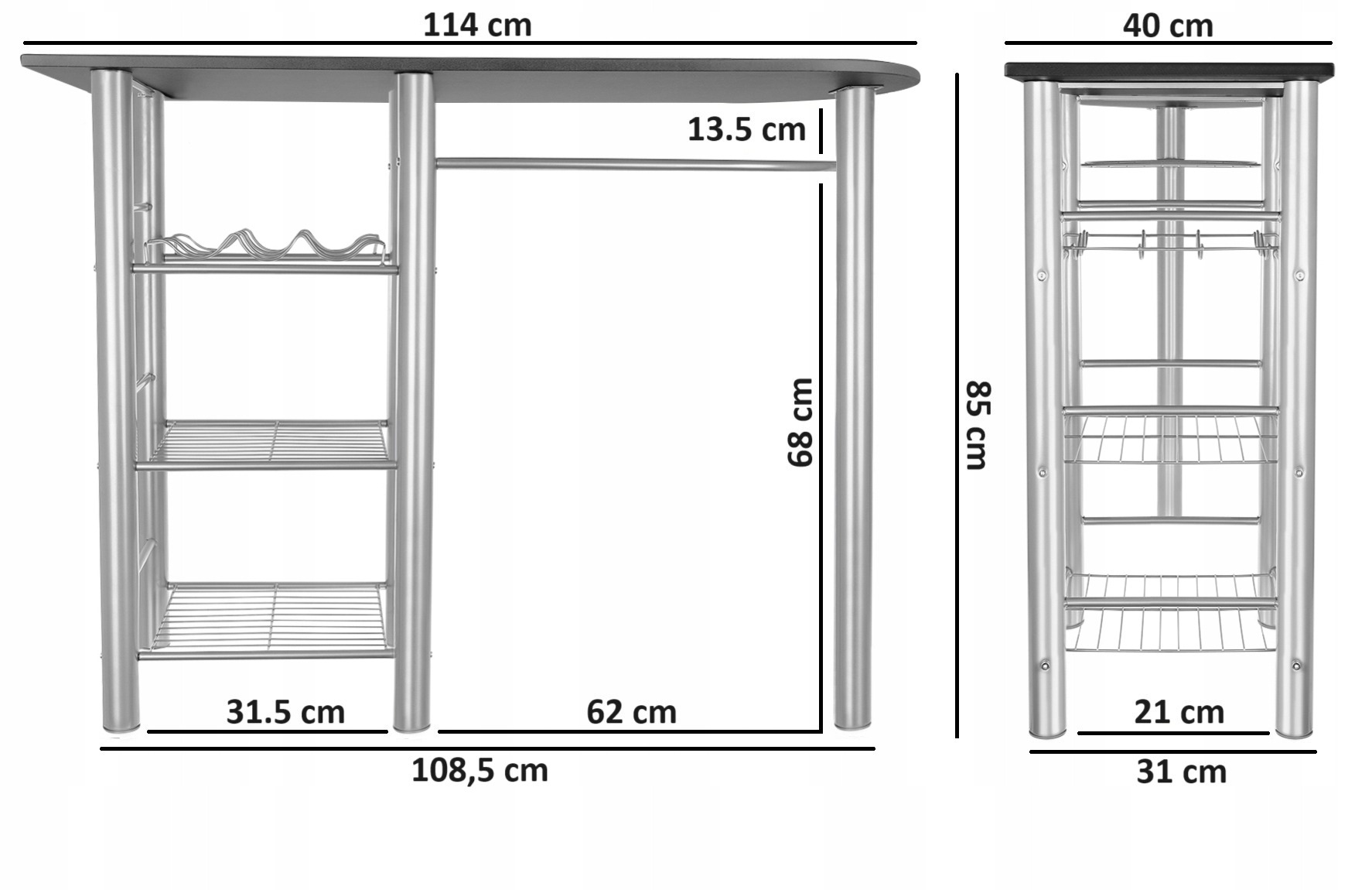 DGL Meble čierno-sivý kuchynský ostrov 114 × 40 × 85 cm. Kuchynský ostrov DGL Meble tvorí doska z MDF so sivým povrchom a čierna kovová konštrukcia. Má rozmery 114 × 40 × 85 cm a bočnú policu na kuchynské potreby.