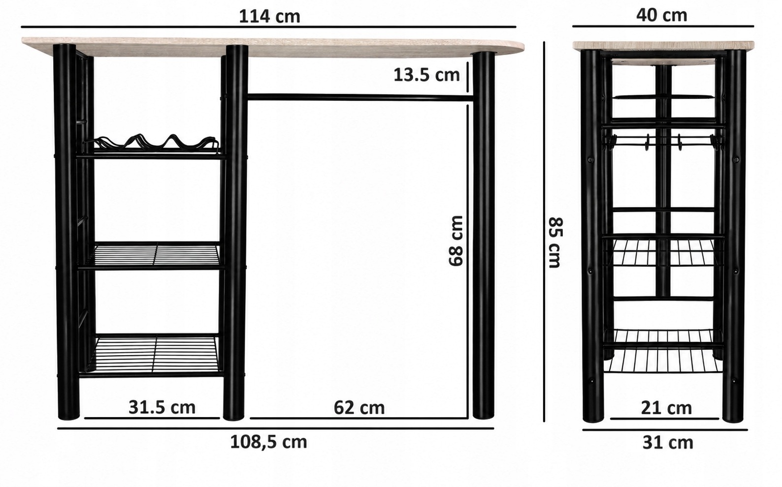 DGL Meble kuchynský ostrov dub sonoma 114 × 40 × 85 cm. Kuchynský ostrov DGL Meble má dosku z MDF v dekore dub sonoma, čiernu oceľovú konštrukciu a bočnú policu. Rozmery 114 × 40 × 85 cm umožňujú použiť ho ako pomocnú plochu v kuchyni alebo barový stolík.