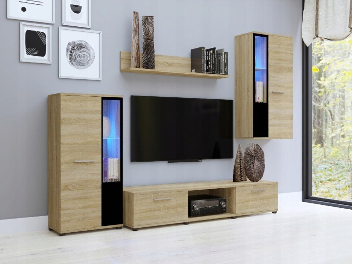 Obývacia zostava CUBE s vitrínami, policou a TV skrinkou širokou 175,5 cm v dekore dub Sonoma