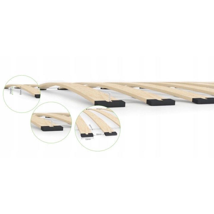 90x200F – pružný brezový rošt 90 × 200 cm, 18 lamiel. Osemnásť pružných lamiel tvorí oporu pod matrac a jednoduchý základ pre každodenný oddych. Vyhotovenie z vrstvenej brezovej preglejky má nominálne označenie 90 × 200 cm, no vlastný opis uvádza skutočné