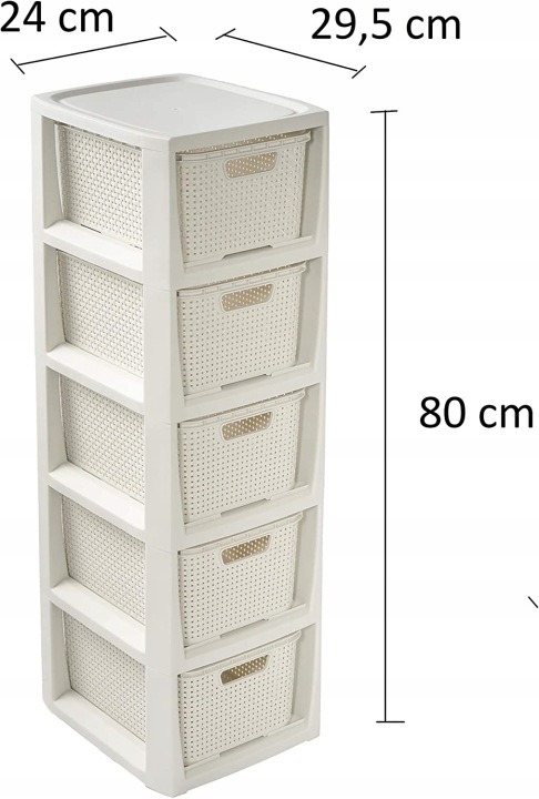 Kúpeľňový regál BranQ s 5 košíkmi, krémovo biely, 80 cm. Úzky regál BranQ ponúka päť výsuvných košíkov na kozmetiku, uteráčiky a ďalšie kúpeľňové drobnosti. Má výšku 80 cm, šírku 24 cm a hĺbku približne 30 cm. Krémovo biely plast je vhodný do vlhkého pros