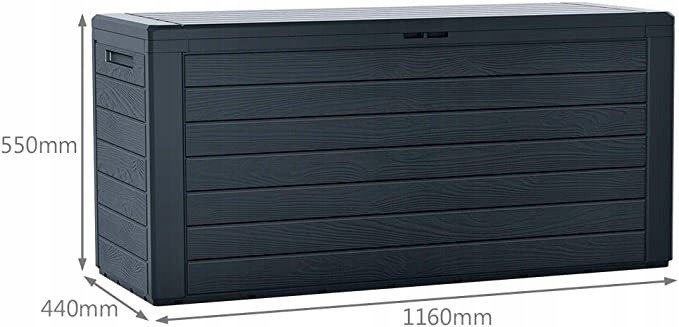 Záhradná truhlica Prosperplast WoodeBox 280 l, antracit S433. Záhradná úložná truhlica sústredí podušky, menšie náradie alebo hračky do priestoru s objemom 280 l. Rozmery 116 × 43,8 × 55 cm pomáhajú naplánovať jej miesto na balkóne, terase či v záhrade. P
