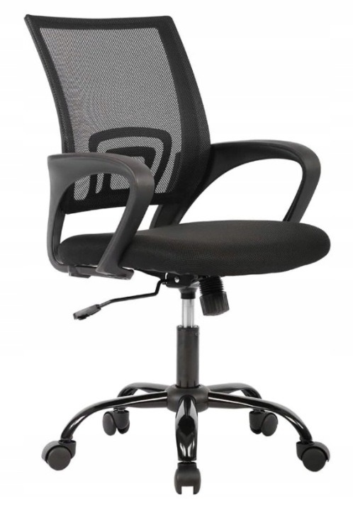 Kancelárske kreslo Giosedio NFX004, čierne, sedadlo 42–52 cm. Sieťované operadlo dopĺňa membránová tkanina, podrúčky a základňa s kolieskami. Pneumatické nastavenie výšky umožňuje upraviť polohu pri stole. Sedadlo má rozmery 48 × 48 cm; pri výbere porovna