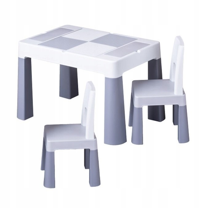 Tega Multifun Eco MF-006-106 je sivobiela súprava stolíka a dvoch stoličiek pre deti od troch rokov. Obojstranná doska slúži na kreslenie aj hru so stavebnicou a pod ňou sú tri schránky na drobnosti.