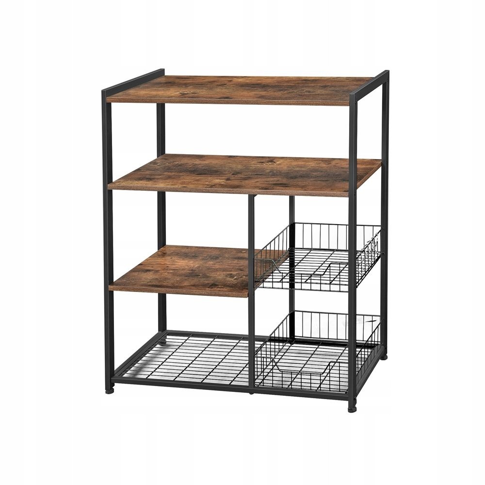 Kuchynský regál KKS96X 80 × 35 × 95 cm s dvoma košíkmi. Regál KKS96X kombinuje hnedé dosky s čiernym kovovým rámom. Na šírke 80 cm ponúka štyri úrovne, dva drôtené košíky a šesť háčikov na kuchynské príslušenstvo.