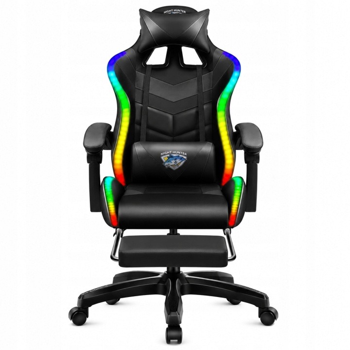 Čierne herné kreslo FOX-9-P LED má polohovateľné operadlo, výsuvnú opierku nôh, dva nastaviteľné vankúše a RGB osvetlenie s diaľkovým ovládačom. Výšku sedadla si prispôsobíte pracovnému stolu.