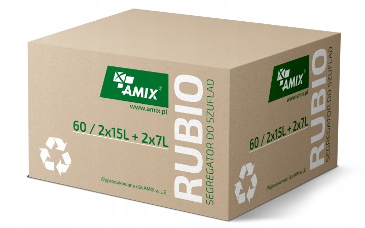 Amix RUBIO je sada štyroch nádob na triedenie odpadu do zásuvky s vonkajšou šírkou 60 cm. Obsahuje dva koše po 15 l a dva po 7 l, spolu 44 l. Podľa opisu majú nádoby veká, farebné úchyty a sivý plastový podnos, ktorého okraje možno upraviť na rozmer zásuv