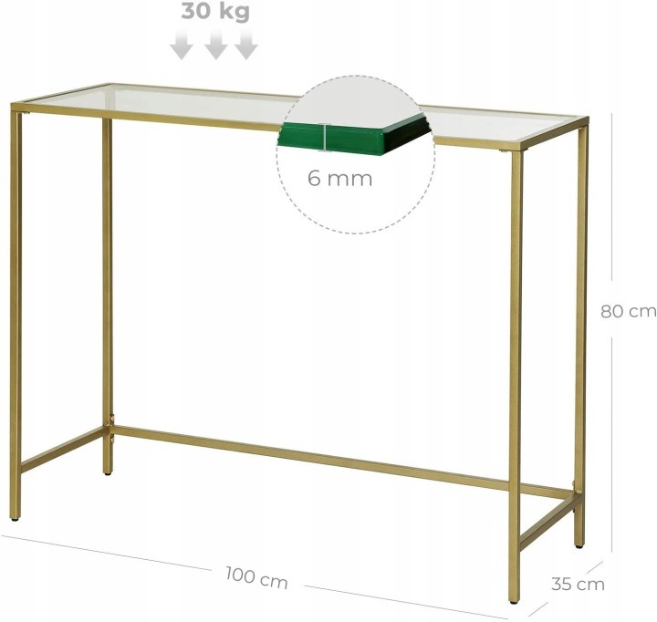 Sklenená konzola Songmics LGT26G, zlatá 100 × 35 × 80 cm. Sklenená konzola do predsiene alebo obývačky vytvára odkladaciu plochu pre fotografie, knihy či dekorácie. Priehľadná doska a zlatá kovová konštrukcia ponúkajú kombináciu pre interiér s dekoratívny