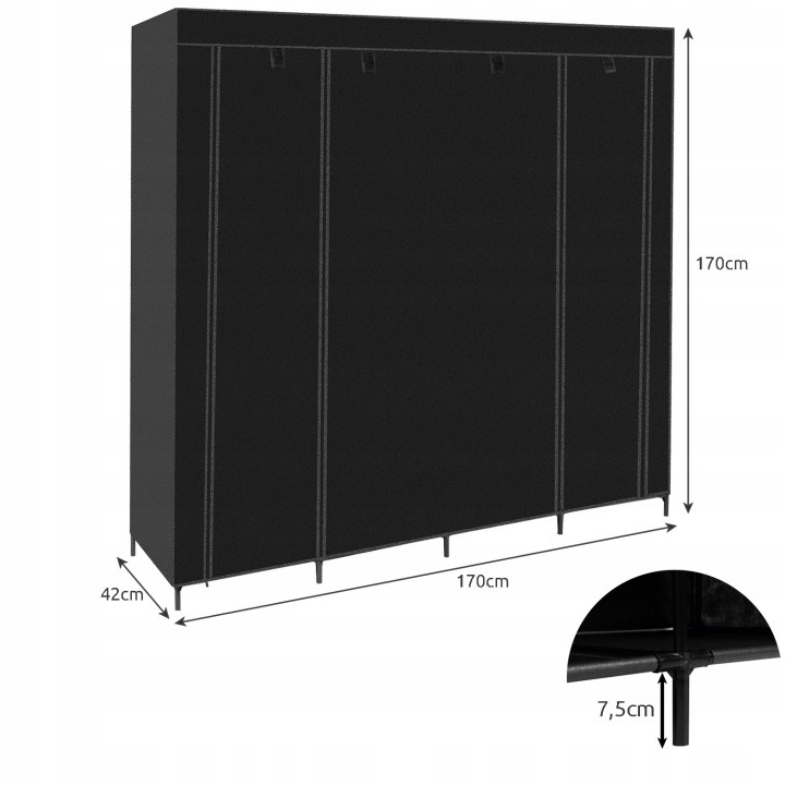 Ruhhy 00023740 – čierna textilná skriňa so 14 policami, 170 × 42 × 170 cm. Textilná šatníková zostava spojí zložené oblečenie aj veci na vešiakoch v jednom priestore. Štrnásť políc je rozdelených po päť na každom boku a štyri v strede, ďalšie miesto posky