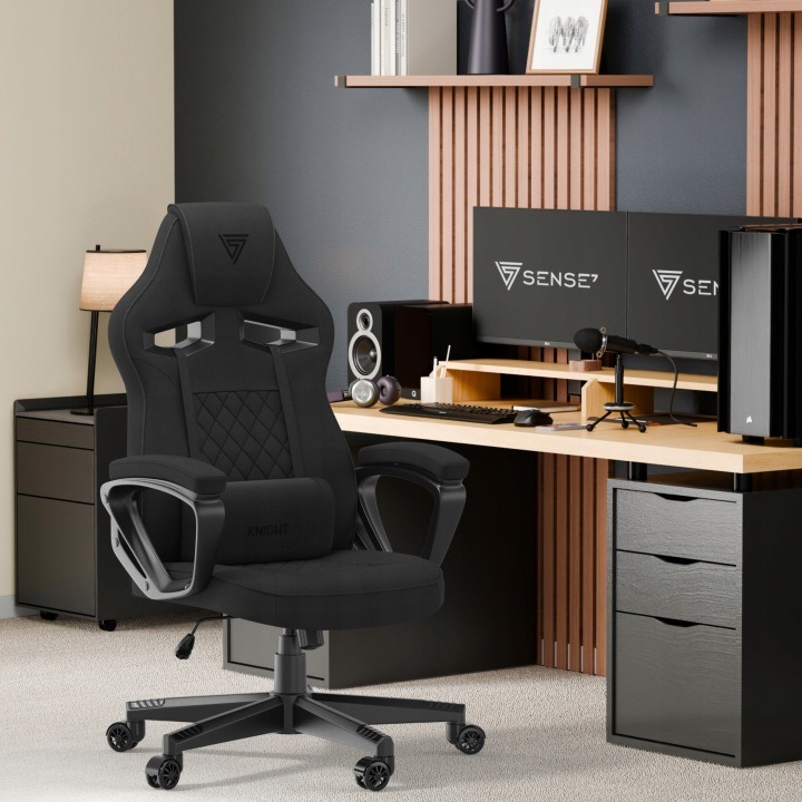 Čierne kreslo Sense7 Knight s bedrovým vankúšom a hojdaním