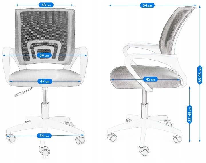 Jumi SMART CM-923492 – modrá otočná stolička, výška sedu 35–45 cm. Modrá otočná stolička s bielou konštrukciou ponúka výškové nastavenie sedadla od 35 do 45 cm. Sedacia plocha má šírku 47 cm a povrch je v parametroch uvedený ako sieťovina. Pri práci alebo