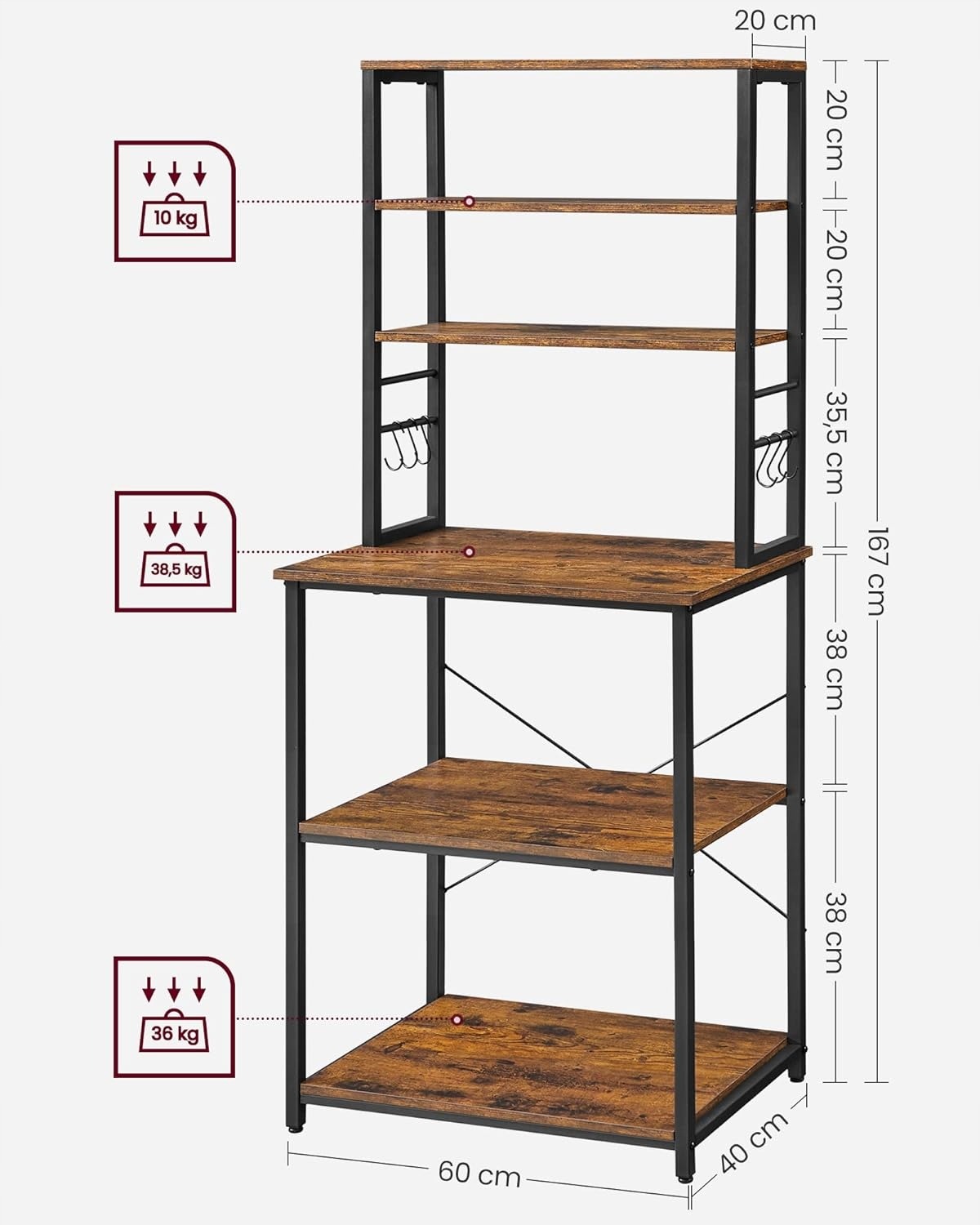 Kuchynský regál Songmics KKS024B01, 60 × 40 × 167 cm. Kuchynský regál Songmics KKS024B01 kombinuje drevotrieskové police s kovovým rámom. Má šesť úrovní, šesť háčikov v tvare S a výškovo nastaviteľnú strednú policu v spodnej časti. Vyžaduje montáž.