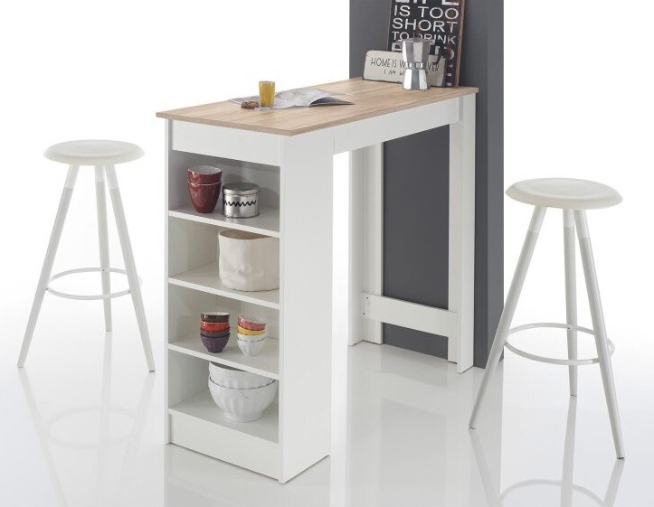 SFM Mohito II barový stôl dub artisan 115 × 50 × 103 cm. Barový stôl SFM Mohito II má laminovanú dosku v dekore dub artisan a biely matný korpus. Bočné police možno podľa predajcu osadiť smerom dovnútra alebo von.