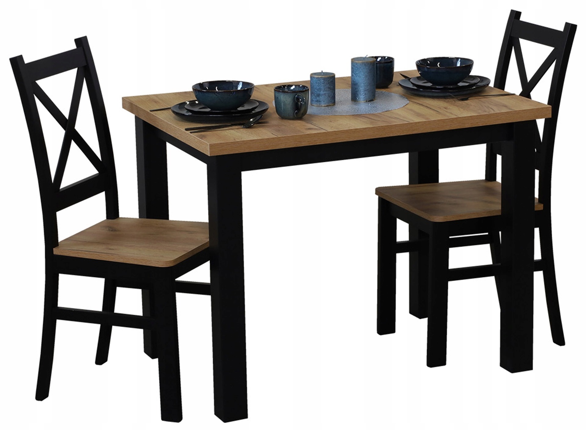 Jedálenský set BIRD Meble M0019-2: stôl 100 × 70 cm a 2 stoličky. Zostava BIRD Meble M0019-2 obsahuje nerozkladací stôl s doskou 100 × 70 cm a dve stoličky. Predajca uvádza výšku stola 76 cm, hrúbku dosky 3,2 cm a výšku sedadla stoličky 45 cm.