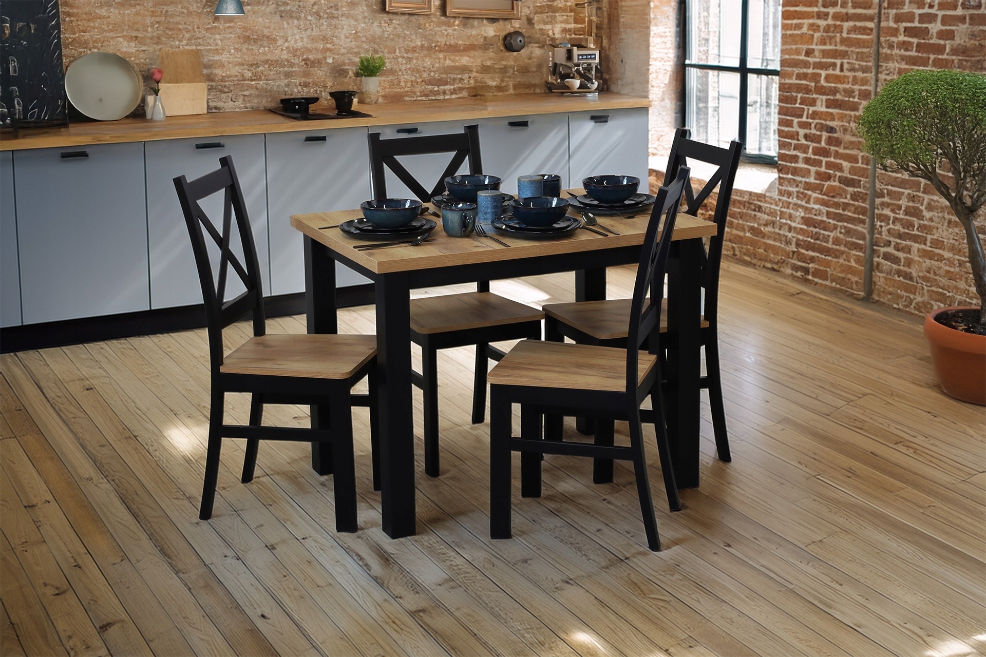 Stôl v dekore dub Craft so štyrmi stoličkami M0019-4