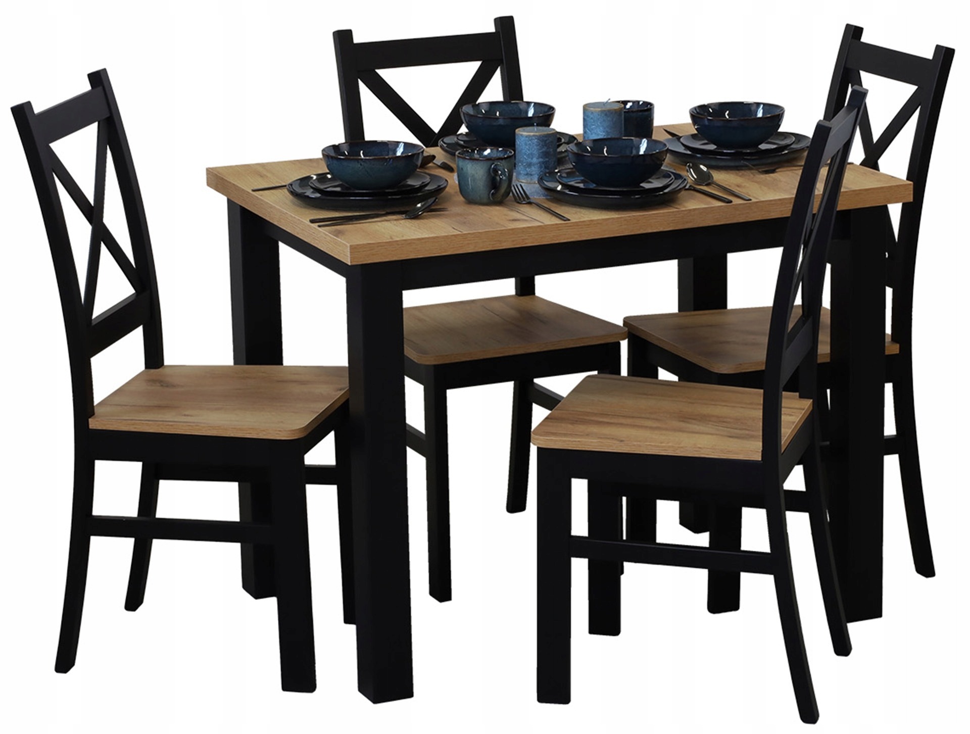 Jedálenský set BIRD Meble M0019-4: stôl 100 × 70 cm a 4 stoličky. Zostava BIRD Meble M0019-4 obsahuje nerozkladací jedálenský stôl a štyri stoličky. Rozmery stola sú podľa ponuky 100 × 70 × 76 cm, doska má hrúbku 3,2 cm a výška sedadla je 45 cm.