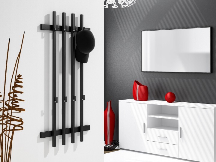 Nástenný kovový vešiak Partner Loft 100 × 65 cm. Nástenný vešiak Partner Loft má rozmery približne 100 × 65 × 6 cm, oceľovú konštrukciu z profilov a 12 háčikov usporiadaných v dvoch radoch po šiestich. Čierny povrch je lakovaný práškovou farbou. Súčasťou