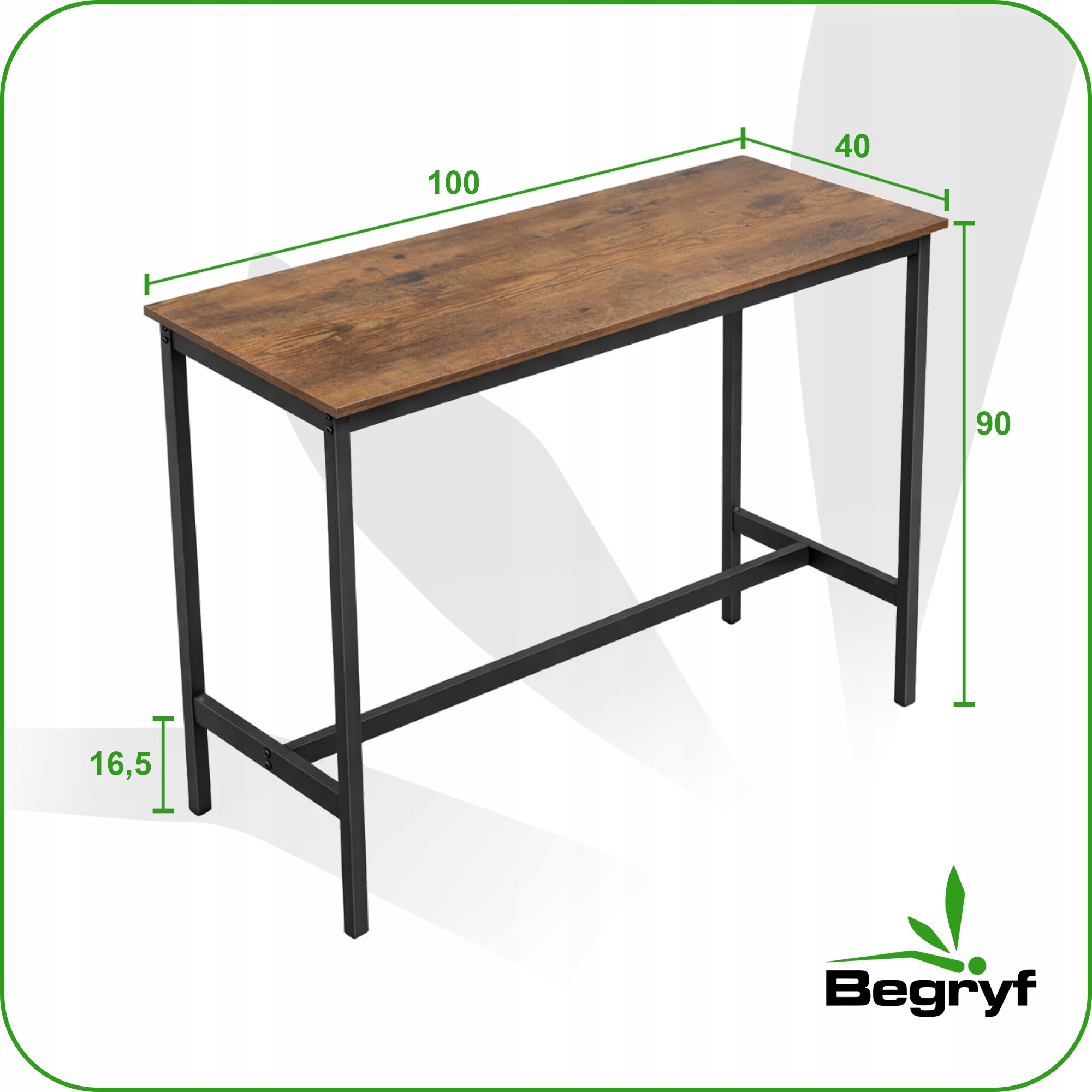 Úzky barový stôl Begryf VST11 100 × 40 × 90 cm. Barový stôl Begryf VST11 má rozmery 100 × 40 × 90 cm. Hnedú dosku s dreveným vzhľadom dopĺňa čierny kovový rám. Stôl sa dodáva na samostatnú montáž.