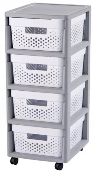 Zásuvkový regál Curver Infinity 231556, sivobiely, 4 zásuvky. Sivobiely plastový regál Curver Infinity 231556 má štyri výsuvné zásuvky s úchytmi a kolieska na presúvanie. Hodí sa na kúpeľňové potreby, dokumenty alebo ľahšie domáce drobnosti. Rozmery: 69 ×