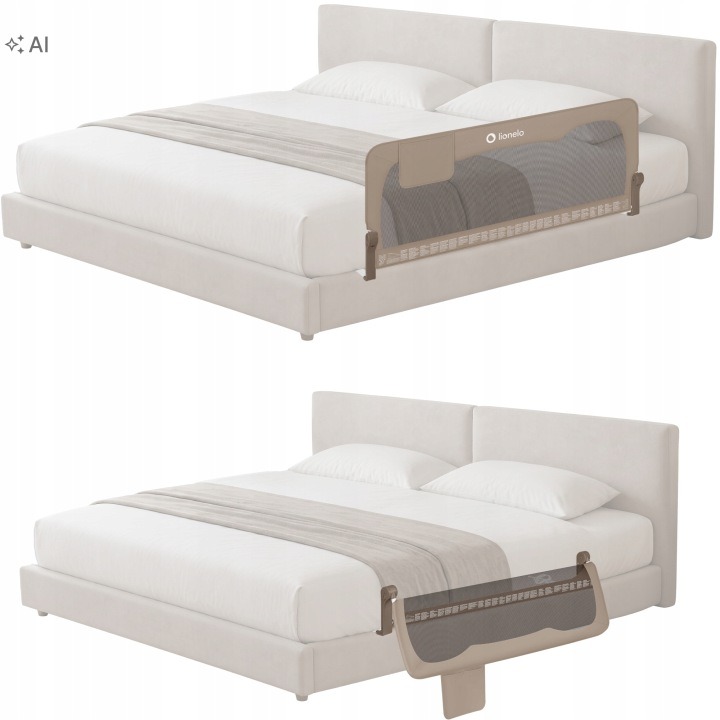 Dve béžové zábrany Lionelo Hanna Beige Melange chránia voľné boky postele. Každá meria 150 cm na šírku, má priedušnú sieťovinu, sklopný rám a dva upevňovacie popruhy. Sú určené pre deti od 18 mesiacov do 5 rokov; pred nákupom skontrolujte rozmery postele