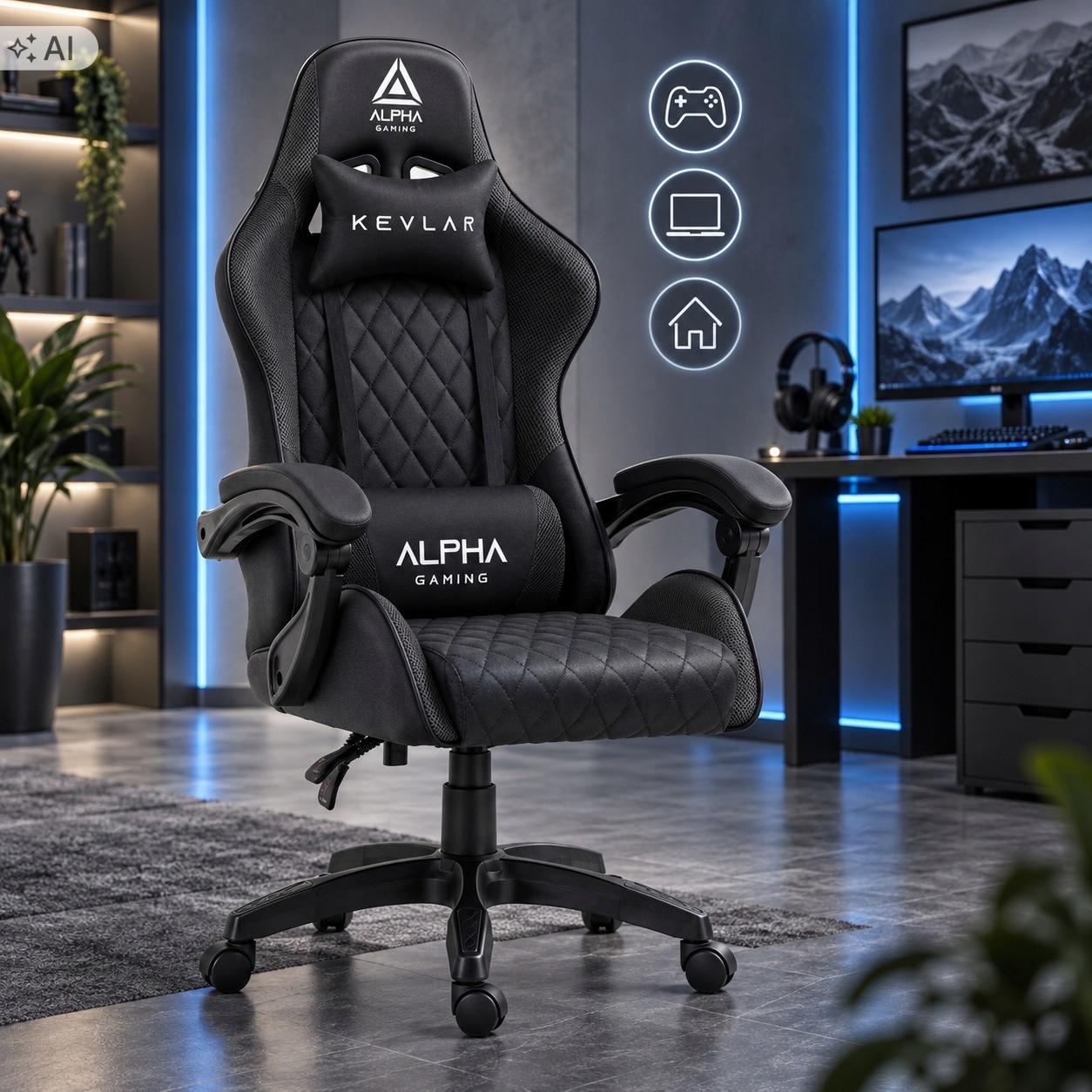 Herné kreslo Alpha Gaming Kevlar Black z látky. Alpha Gaming Kevlar Black má čierny látkový poťah a dve podušky, ktoré možno nastaviť alebo odobrať. Výška sedadla je podľa opisu predajcu 43–53 cm a operadlo možno sklopiť a zaistiť vo vybranej polohe. Maxi