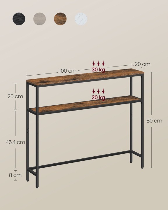 Úzka konzola Songmics LNT131K01 s 2 policami, rustikálna hnedá 100 cm. Úzka konzola do predsiene alebo obývačky vytvára dve odkladacie úrovne pozdĺž steny. Na hornej ploche môžete nechať predmety na dosah a spodnú policu využiť na knihy alebo doplnky. Fot