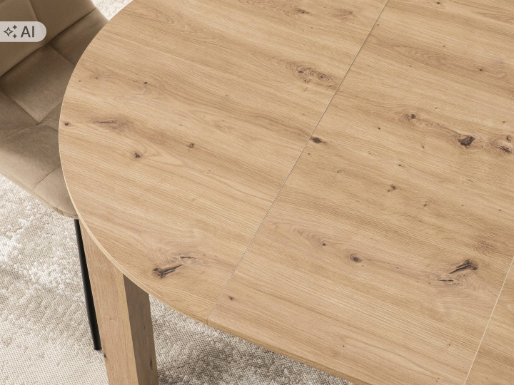 Mebel Elite HARRY – rozkladací okrúhly stôl 102–142 cm, dub Artisan. Okrúhly rozkladací stôl vytvára miesto na spoločné jedlo bez veľkej dosky v každodennej polohe. Priemer 102 cm sa po vložení pribaleného dielu zmení na dĺžku 142 cm. Keď príde návšteva,