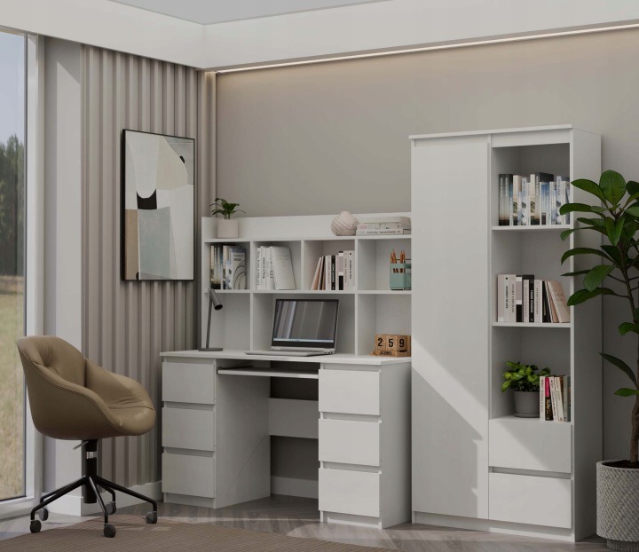 Biely nadstavec TopEshop rozšíri existujúci písací stôl o päť políc na knihy, zošity a dokumenty. Má rozmery 128 × 70 × 18 cm, matný povrch a konštrukciu zo 16 mm laminovanej dosky. Pripevňuje sa k doske stola; výrobca ho určuje najmä k stolom série KUBA.