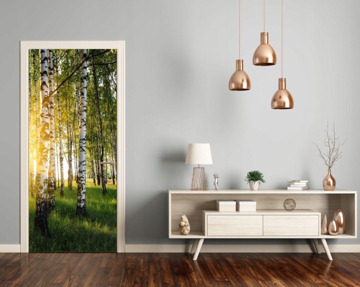 Samolepiaca fólia Decors24 s motívom brezového lesa ozdobí hladké dvere alebo nábytkovú plochu. Maximálny rozmer je 95 × 205 cm; menší možno zadať pri objednávke.