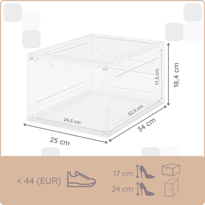 Sada 6 priehľadných boxov 4CONVY Premium XL na topánky, 34 × 25 × 18,4 cm. Priehľadné boxy na topánky vám umožnia vidieť uloženú obuv a vybrať si obľúbený pár bez prehľadávania nepriehľadných škatúľ. Sada obsahuje šesť kusov s prednými dvierkami a magneti