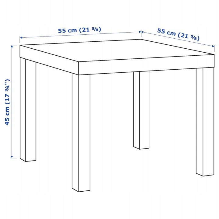 Súprava obsahuje dva rovnaké stolíky IKEA LACK v dekore bieleného duba. Každý má štvorcovú dosku 55 × 55 cm, výšku 45 cm a výrobcom uvedenú nosnosť 10 kg. Poslúžia ako nízke odkladacie plochy v detskej izbe či obývačke; nie sú určené na sedenie.