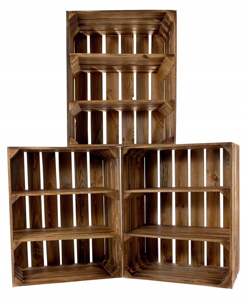 Opálená drevená debnička Eco Trade s policami, 40 × 30 × 50 cm. Jeden úložný diel z neobrúseného opáleného ihličnatého dreva. Šírka 40 cm, hĺbka 30 cm, výška 50 cm; osadené police majú 38 × 29 cm.
