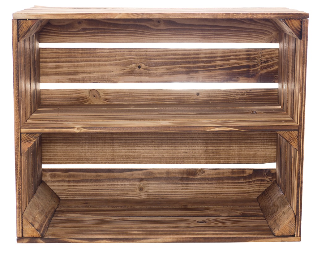 Opálená drevená debnička Eco Trade s policou, 50 × 30 × 40 cm. Úložný diel z opáleného ihličnatého dreva s policou. Šírka 50 cm, hĺbka 30 cm, výška 40 cm. Rozmer police 48 × 29 cm.
