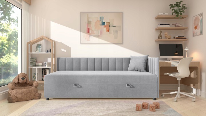 Strieborná posteľ Tutuś s plochou 100 × 200 cm, úložným priestorom a vankúšom