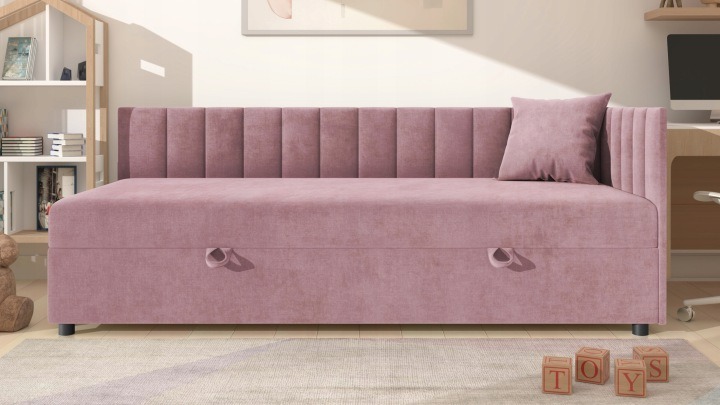 Tutuś – ružová čalúnená posteľ 80 × 180 cm, Bonell a úložný priestor