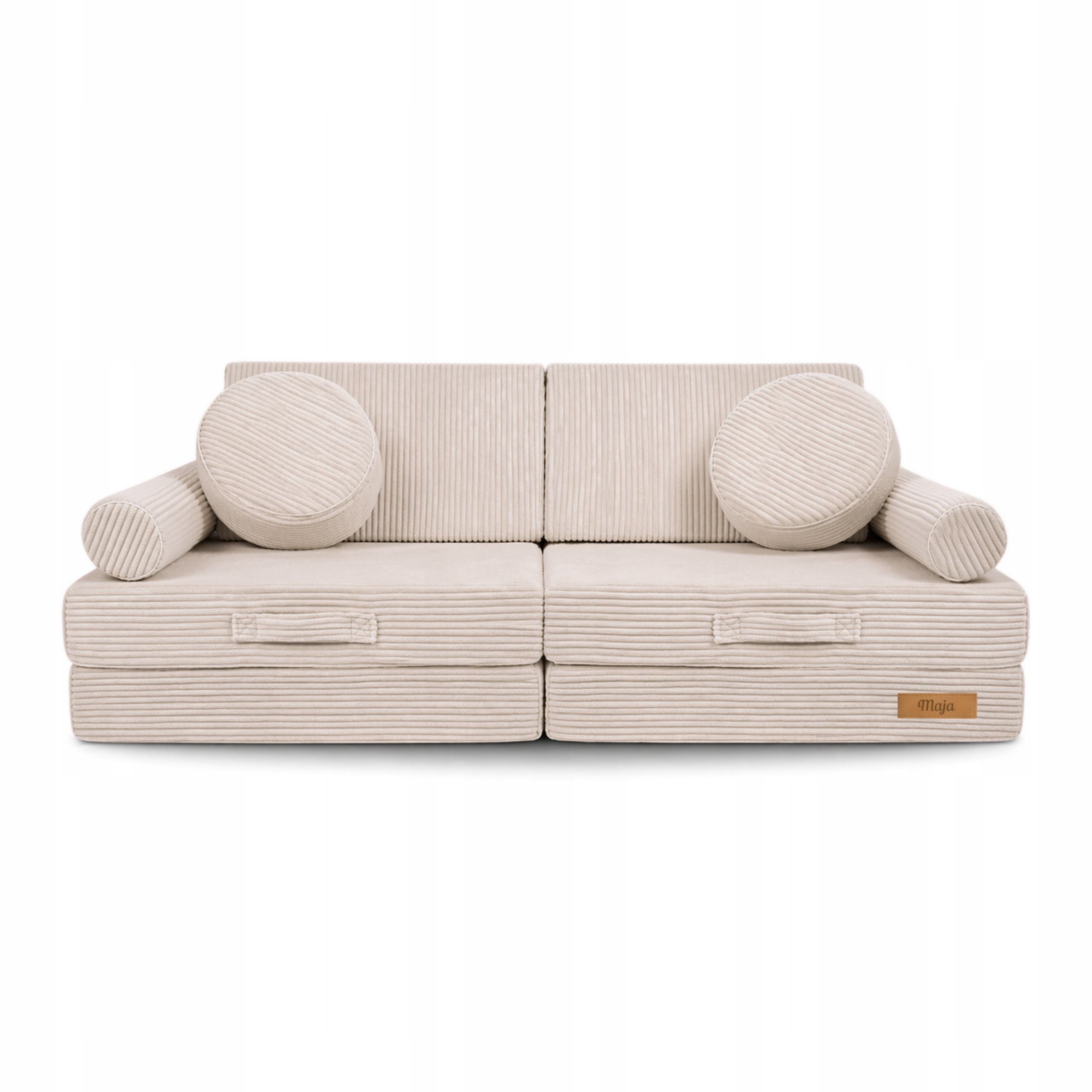 Béžová modulová detská pohovka Flumi Sofa Domino z 10 dielov. Sofa Domino spája 10 penových dielov, ktoré možno preskupovať na sedenie aj hranie. Zostavená pohovka meria 140 × 70 × 54 cm; béžový menčestrový poťah sa dá sňať.