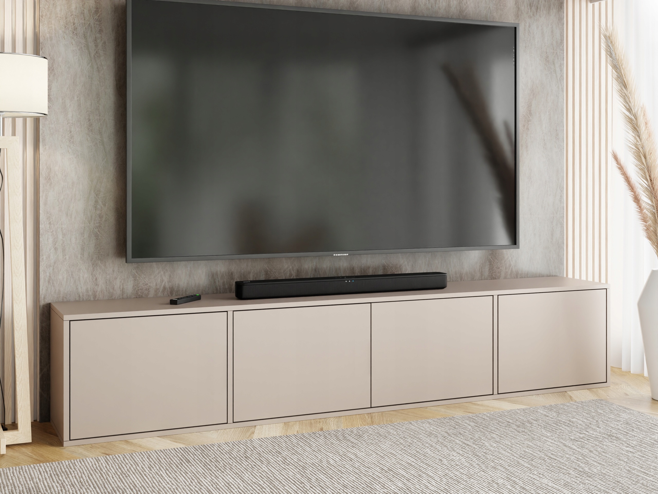 Kier COSO 4 RTV skrinka 206 cm kašmírová. RTV skrinka Kier COSO 4 v kašmírovej farbe má rozmery 206,4 × 38,9 × 42 cm. Za čelami je jedna vnútorná polica a otváranie funguje zatlačením na čelo. Korpus je z laminovanej drevotriesky a skrinka sa dodáva na vl